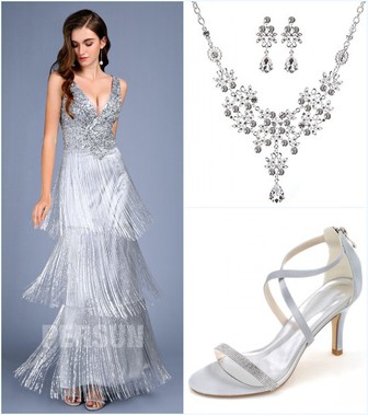 robe de soirée haut en seuquin jupe à frange, bijoux argenté e sandale