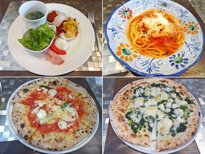 ランチ日記：スパゲッティポモドーロ、マルゲリータピザ、青のりピザ、ドルチェセット