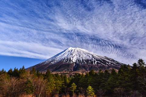 流れゆく薄雲と間近に見る富士山