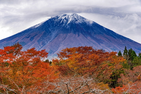 雲間からの富士と紅葉
