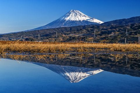 水たまりの美しい逆さ富士