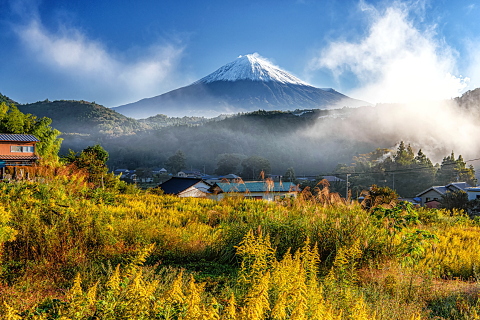 朝霧漂う里山からの雪化粧富士