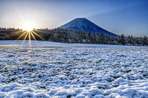 春の淡雪と富士山