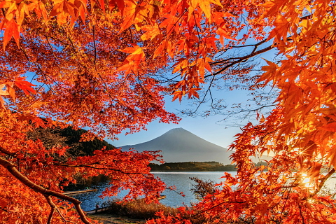 紅葉に囲まれた湖畔の富士