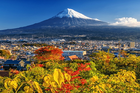 街を望む高台からの紅葉と富士