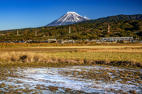 氷結した田園からの富士山