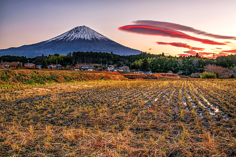 田園からの富士山と朝焼け吊るし雲