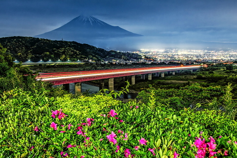ツツジ咲く川沿いからの夜明け前の富士山