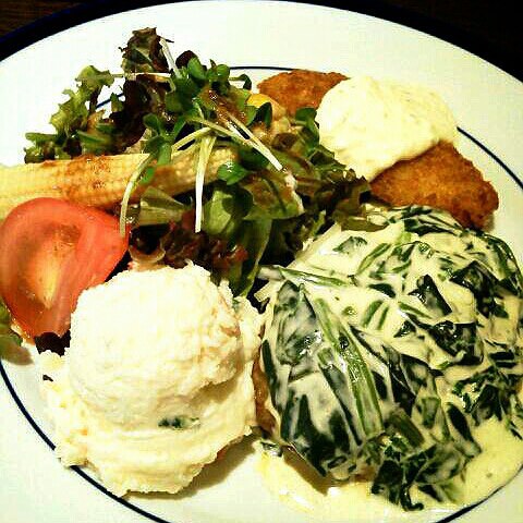 [本日]ほうれん草クリームソースのハンバーグ＋カニクリームコロッケ