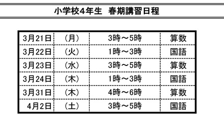 2016年　春期講習日程　小4