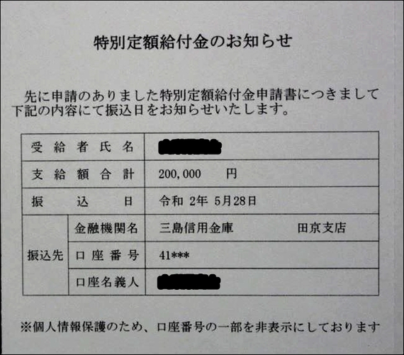 特別定額給付金 振り込み通知書