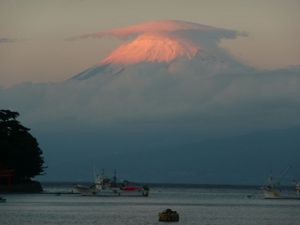 夕映えの富士山（戸田港より）