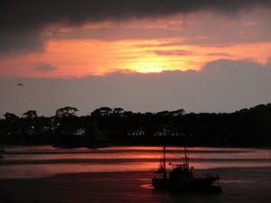 夕日に染まる雨の戸田港
