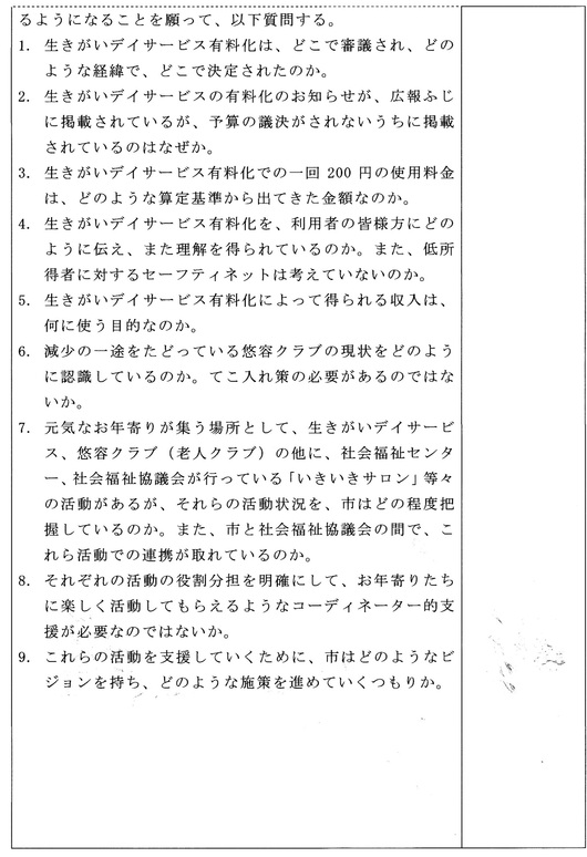 生きがいデイサービスが4月から有料になることについて私小野ゆみこが富士市議会一般質問をします。