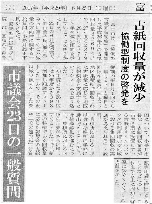 富士ニュース小野ゆみこ議会質問古紙の行政回収について