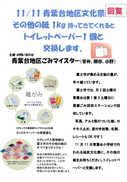 その他の紙のリサイクルの啓発、青葉台地区文化祭にてその他の紙を回収