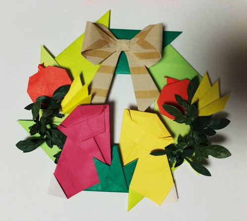 【origami・サルのリース】おりがみでサル・くだものリース