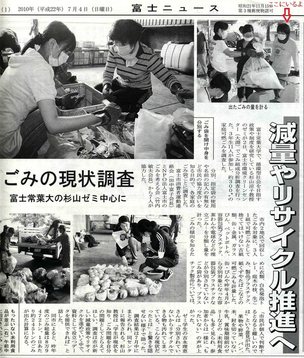 富士ニュース一面記事に掲載「ごみの現状調査」