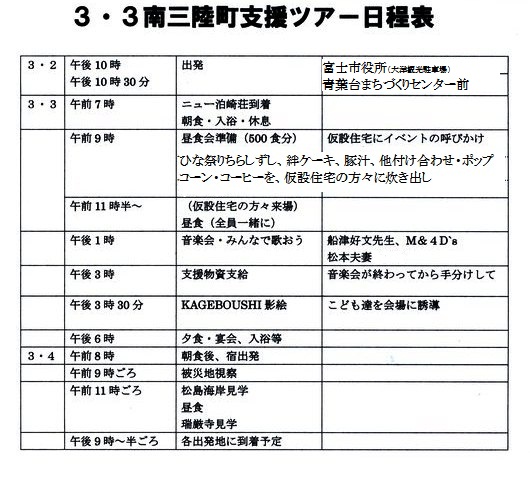 ３・３南三陸町支援ツアー日程表です。