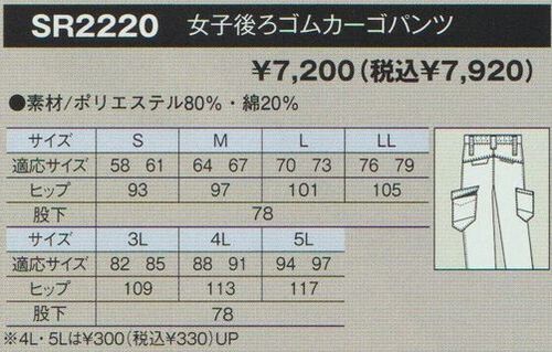 【作業服】日新被服 SR2220 女子後ろゴムカーゴパンツ ～ウエスト後ろ半分をゴムにしてしまう大胆さ(笑)～富士市ツバメヤRAKANストレッチ99